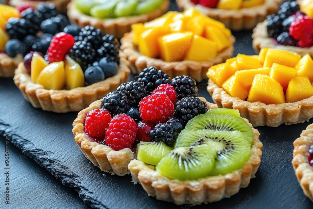 Mini fruit tartlets with various toppings like kiwi, berries, and mango, arranged on a dark slate board Mini fruit tartlets with various toppings like kiwi, berries, and mango, arranged on a dark slate board