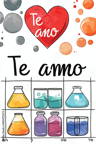 Periodic table of chemical elements with funny Spanish phrase "Te amo" and red heart for web, art, or t-shirt design