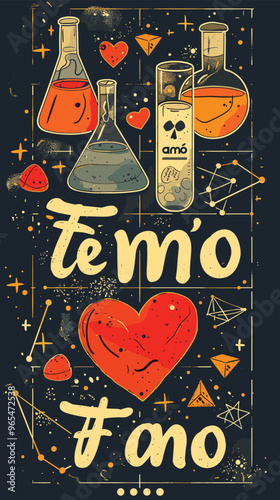 Periodic table of chemical elements with funny Spanish phrase "Te amo" and red heart for web, art, or t-shirt design