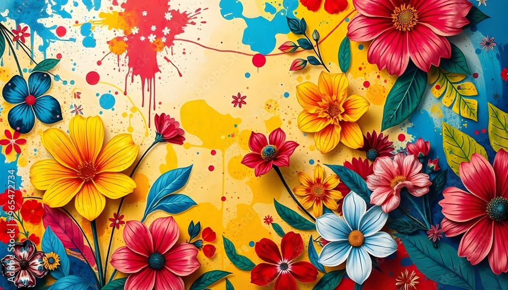 Vibrant floral pattern illustration with large red and blue flowers, green leaves, and colorful abstract elements on a white background