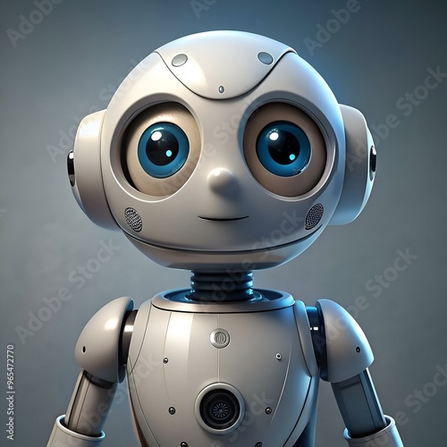 A friendly AI robot with big blue eyes smiles warmly.