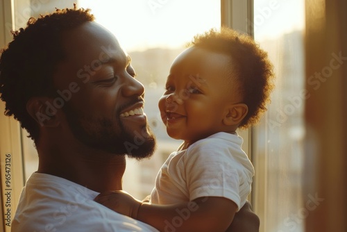 Happy african black parents dad father throw baby son on piggyback and neck riding teasing fun near window. Black baby son and daddy enjoy teasing kiss cheek and neck riding at window, Generative AI photo