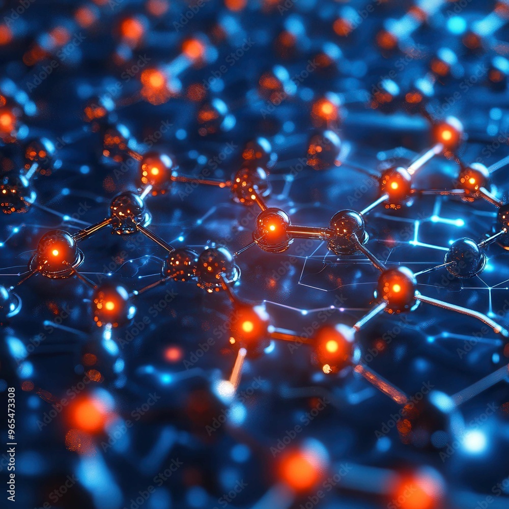 Abstract illustration of interconnected molecules with glowing nodes, representing innovation in technology and science. Abstract illustration of interconnected molecules with glowing nodes, representing innovation in technology and science.