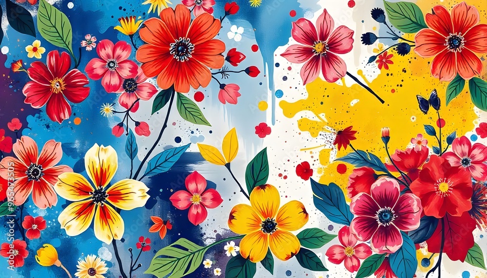Vibrant floral pattern with large red and blue flowers, green leaves, and colorful abstract elements on a white background Vibrant floral pattern with large red and blue flowers, green leaves, and colorful abstract elements on a white background