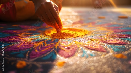 Digital Art of Diwali: a close-up of a rangoli being created, bright powdered colors being carefully placed, intricate geometric patterns forming, sunlight streaming through a window, peaceful and