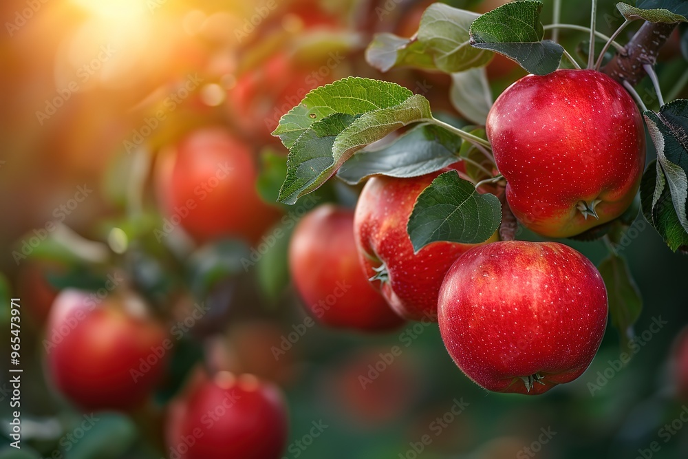 Red apples on a tree branch in an apple orchard at sunset, with a summer background Red apples on a tree branch in an apple orchard at sunset, with a summer background