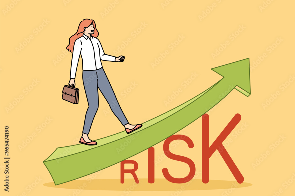 Growth of risk for girl walking according to graph demonstrating increase in danger due to ill-conceived investments. Business woman is ready to take risks for achieve goals and career growth