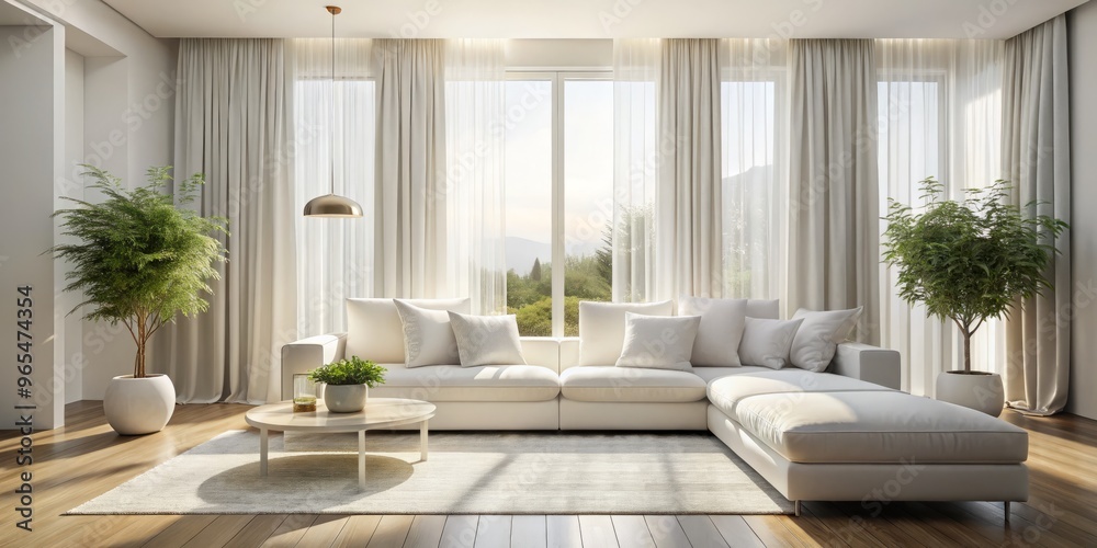 A large, plush white sofa dominates a minimalist living room, its curves hugging the wall as sunlight filters through sheer white curtains. A large, plush white sofa dominates a minimalist living room, its curves hugging the wall as sunlight filters through sheer white curtains.