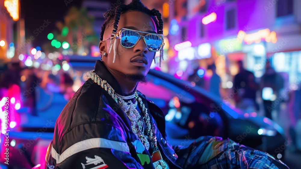 Stylish Man in Vibrant Urban Night Scene Stylish Man in Vibrant Urban Night Scene