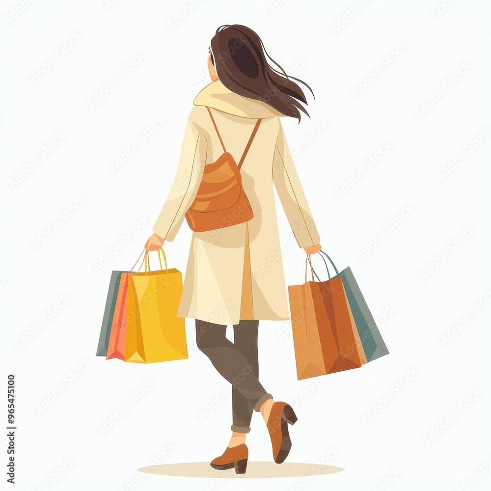 Cartoon illustration of a woman walking away with several colorful shopping bags, representing shopping and consumerism. Cartoon illustration of a woman walking away with several colorful shopping bags, representing shopping and consumerism.
