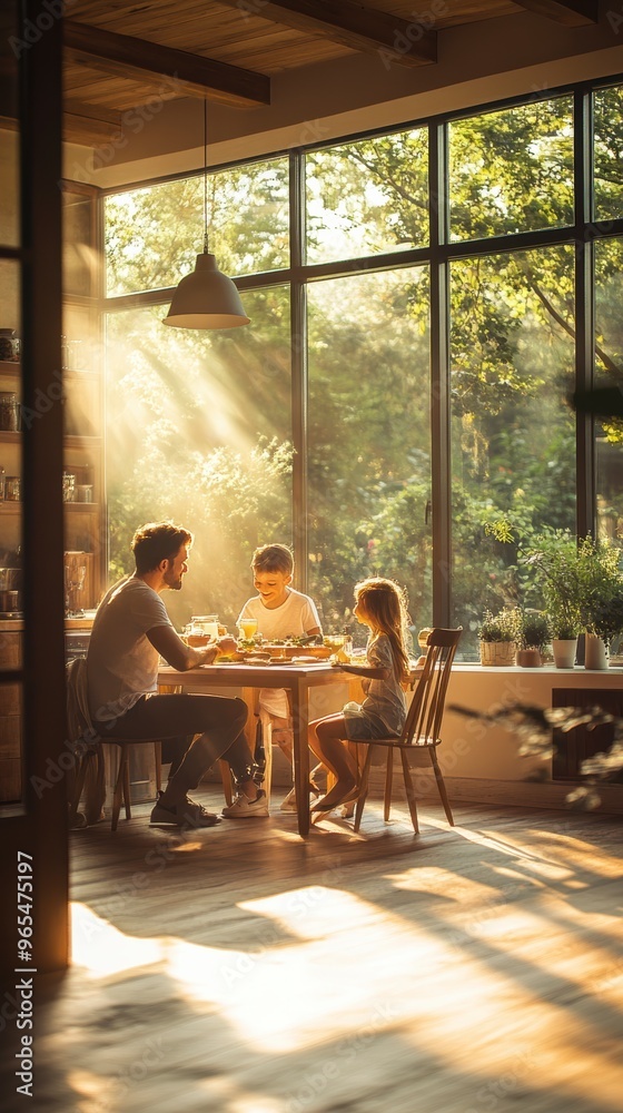 Family enjoying a healthy breakfast in sunlit kitchen Family enjoying a healthy breakfast in sunlit kitchen