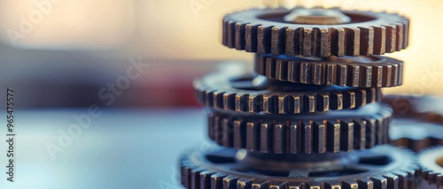 A close-up of vertically stacked gears bathed in a soft, natural light, illustrating precision mechanics and engineered beauty.