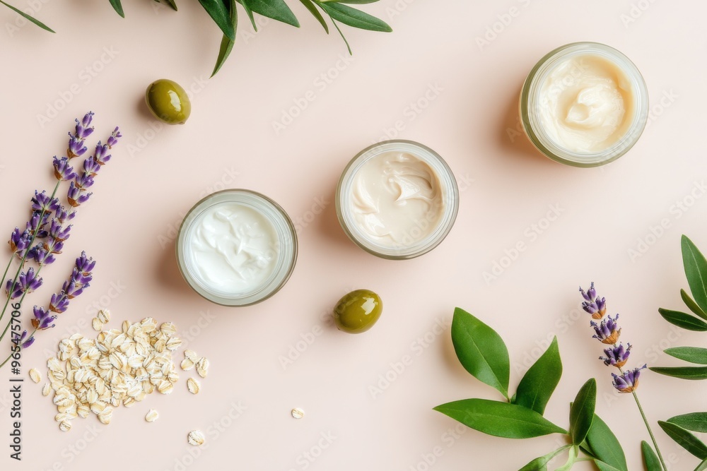 Flat lay of organic skincare creams with lavender, oats, and olives Flat lay of organic skincare creams with lavender, oats, and olives