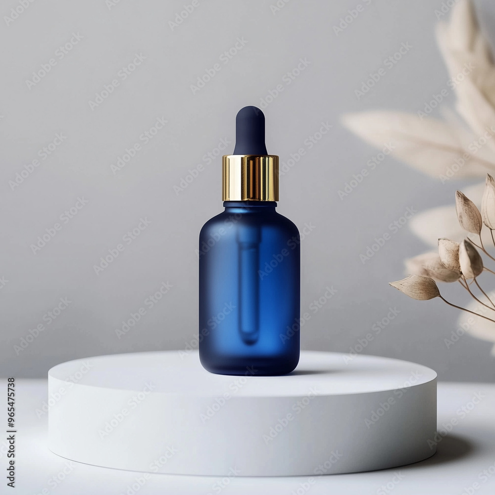 Mockup of blue Serum or Collagen Dropper bottle product on white round podium. Skin care product presentation, Ai generated images Mockup of blue Serum or Collagen Dropper bottle product on white round podium. Skin care product presentation, Ai generated images