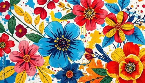 Vibrant floral pattern with large red and blue flowers, green leaves, and colorful abstract elements on a white background