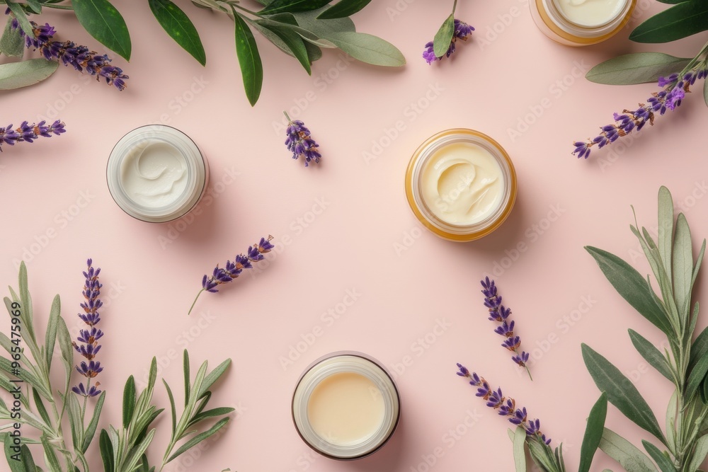 Natural skincare creams in jars with lavender and olive leaves on soft pink background Natural skincare creams in jars with lavender and olive leaves on soft pink background