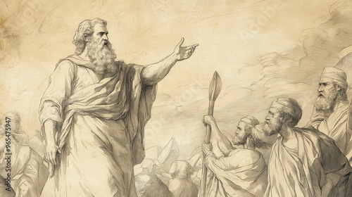 Biblical Illustration of Numbers: Moses Warning the Onlookers About Defying God, Captured on a Beige Background, Emphasizing Leadership and Divine Warning photo