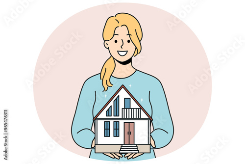 Smiling woman broker holding house maquette in hands selling to customer. Happy female real estate agent offer housing on sale. Vector illustration.