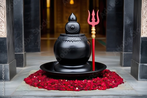 Black Shiva Lingam with Ruby Red Trident Representing Hindu Faith and Indian Heritage photo