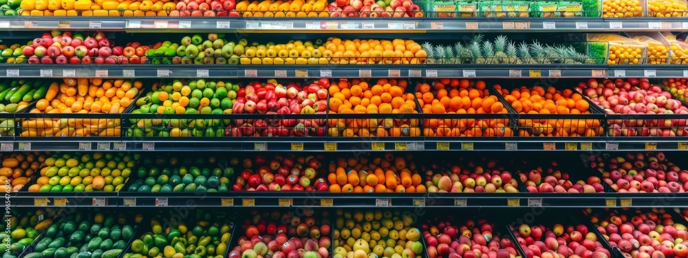 Supermarket aisle with organized shelves of sauces, condiments, and food items Supermarket aisle with organized shelves of sauces, condiments, and food items