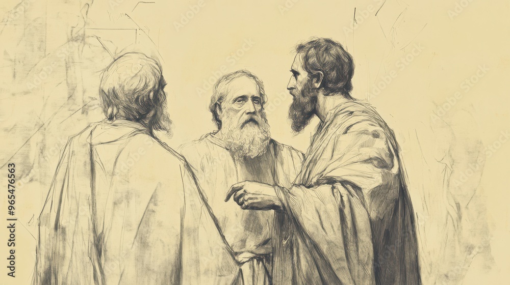 Fototapeta premium Biblical Illustration of Numbers: A Discussion Among the Leaders About the Meaning of the Sign, Captured on a Beige Background, Emphasizing Reflection and Leadership