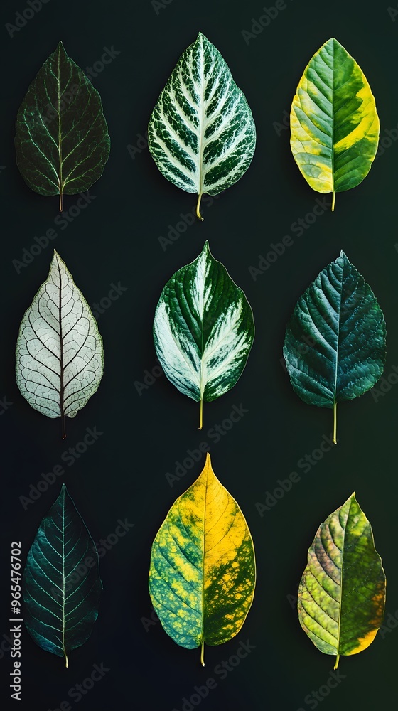 Obraz premium Nine Varied Leaves Arranged in Three Rows on a Black Background