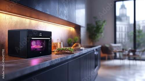 Modern black oven working in a luxurious kitchen