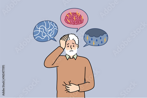 Dementia and alzheimer disease in elderly man experiencing brain confusion and pain in head. Old grandfather needs doctor help due to symptoms of dementia and sensitivity to weather.