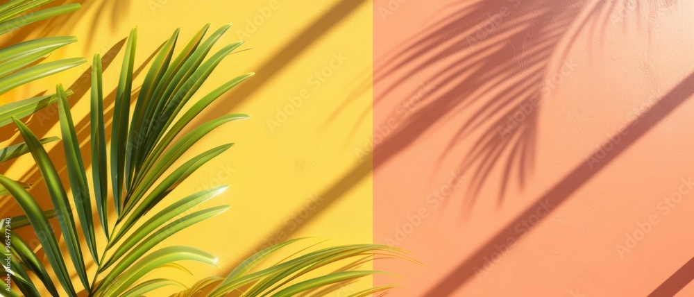 Tropical leaves cast dramatic shadows on a vibrant yellow and orange wall, creating a playful and sunny atmosphere. Tropical leaves cast dramatic shadows on a vibrant yellow and orange wall, creating a playful and sunny atmosphere.
