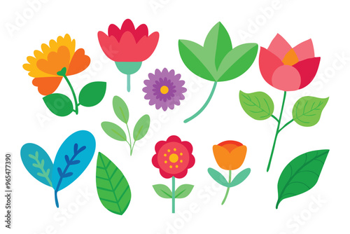 A vibrant arrangement of colorful flowers and leaves set against a clean white background, showcasing nature's beauty, flat vector illustration set.