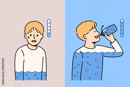 Exhausted boy drinks water from bottle, gaining energy and quenching thirst with mineral drink. Child suffering from lack of water feels relief when receives enough fluid to restore balance.