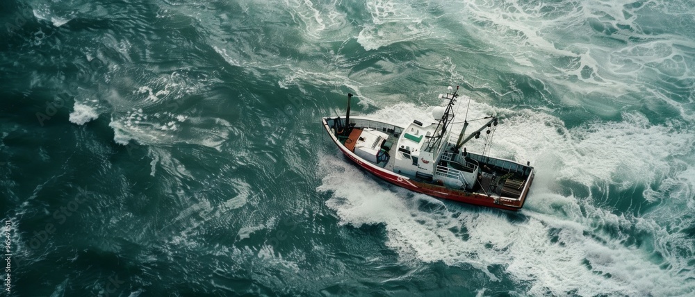 Obraz premium A lone fishing boat navigates through choppy, tumultuous waves under a cloudy sky—a testament to the brave spirit of seafarers amidst the powerful ocean.