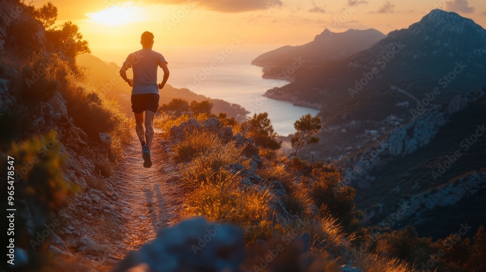 Obraz premium Athlete running on a mountain trail at sunset