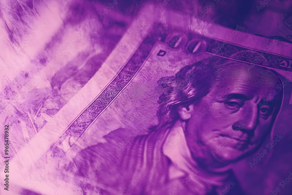 Naklejka premium A purple background with a close up of a US dollar bill