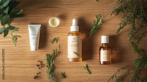 Natural cosmetic products surrounded by fresh herbs on wooden table