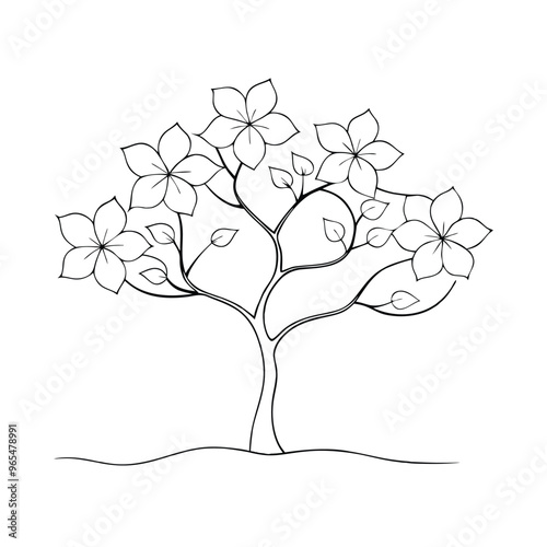 Dogwood tree Hand drawn continuous line art flat vector illustration on white background