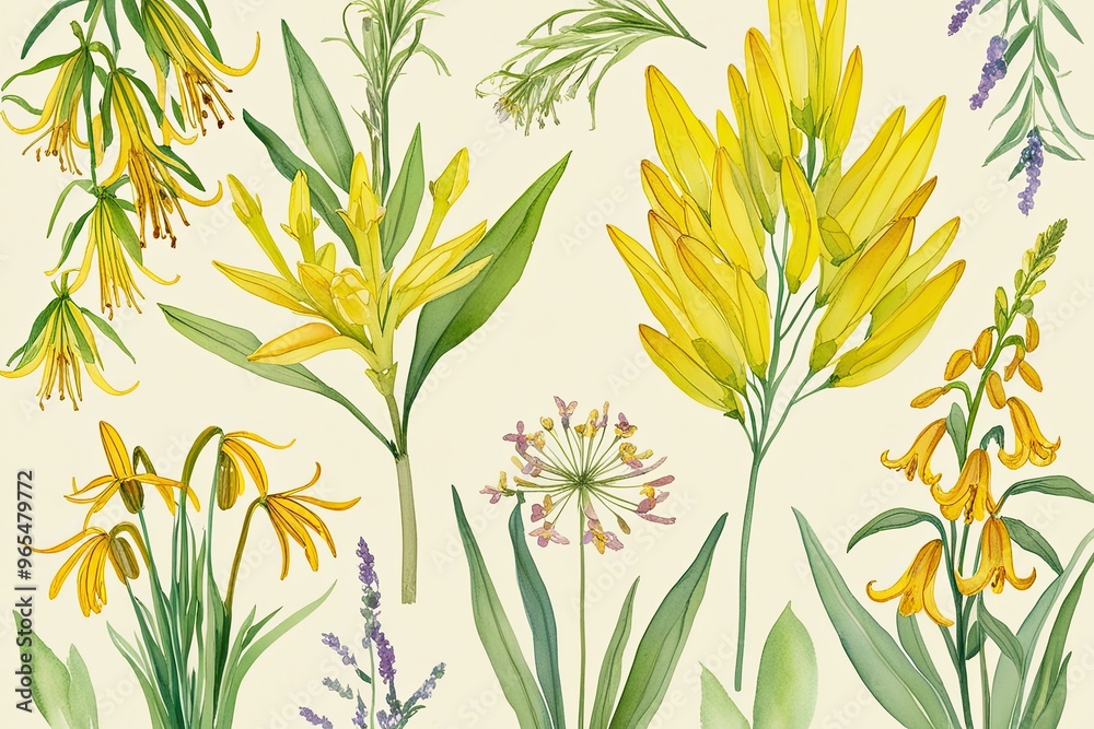 Naklejka premium Vibrant Meadow Flower Clipart featuring Euphorbia and Meadow Lilies on Ivory Background