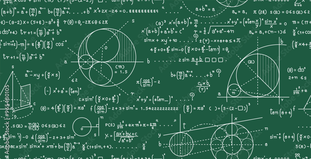 A blackboard with mathematical formulas and seamless curved lines.
