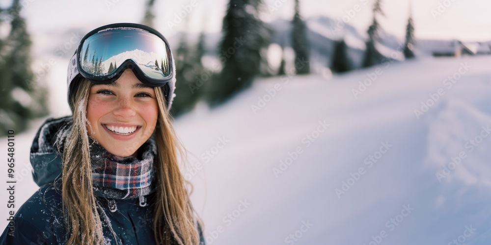 Happy young female skier with sunglasses and ski equipment in ski resort. Winter holiday concept. Happy young female skier with sunglasses and ski equipment in ski resort. Winter holiday concept.
