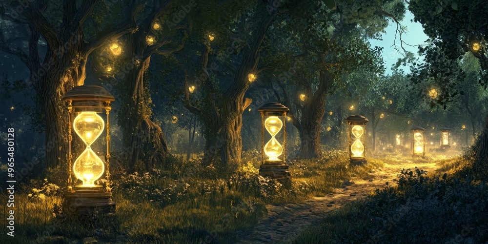 Glowing hourglasses in a mystical forest path. Glowing hourglasses in a mystical forest path.