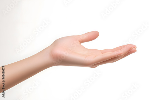 Female hand keeping empty cupped palm isolated on white background 