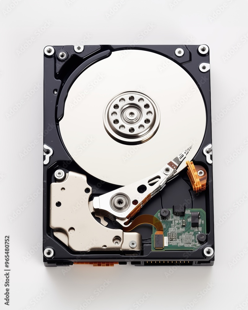 Open hard drive viewed from above with visible disk platter and electronics – Concept for data, technology, and storage Open hard drive viewed from above with visible disk platter and electronics – Concept for data, technology, and storage