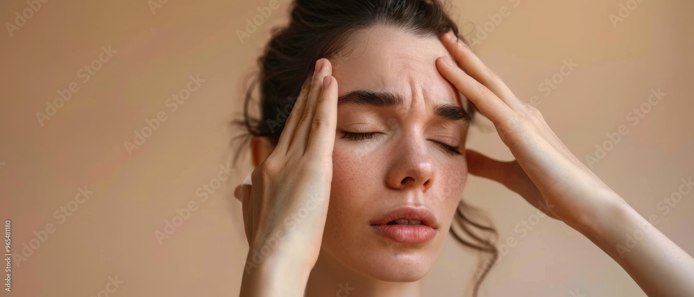 A young woman with a distressed expression, pressing her temples, epitomizing a moment of stress, headache, or overwhelming emotion. A young woman with a distressed expression, pressing her temples, epitomizing a moment of stress, headache, or overwhelming emotion.
