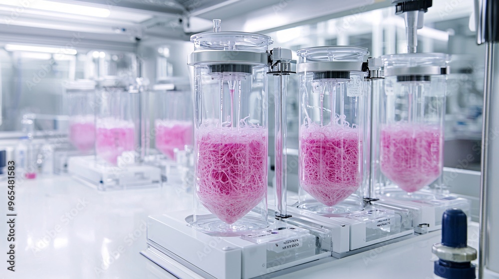 Innovative biotechnology lab with bioreactors cultivating genetically modified organisms Innovative biotechnology lab with bioreactors cultivating genetically modified organisms