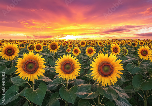 Field of beautiful sunflowers with sunset view. Created with Ai