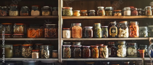 A pantry shelf filled with neatly organized jars of preserved foods and spices.