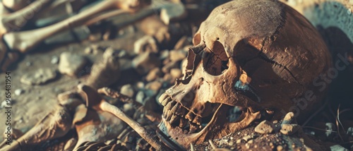 A weathered human skull alongside scattered bones lies in a dry, desolate landscape under dim light, evoking feelings of history and mortality.