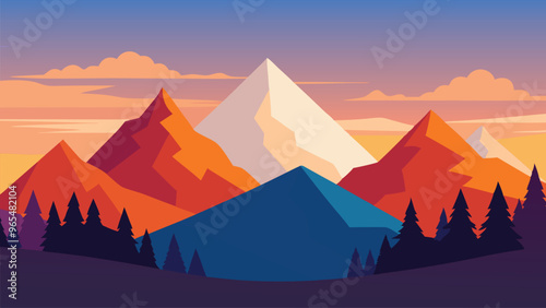 Showcasing colorful trees in the foreground with towering mountains in the background flat vector illustration.