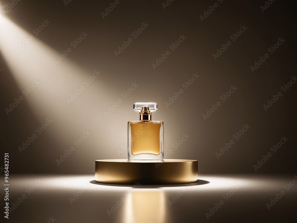 A golden podium in a dimly lit room with gentle white spotlights creating a halo effect around a sleek perfume bottle, perfect for an elegant evening fragrance A golden podium in a dimly lit room with gentle white spotlights creating a halo effect around a sleek perfume bottle, perfect for an elegant evening fragrance