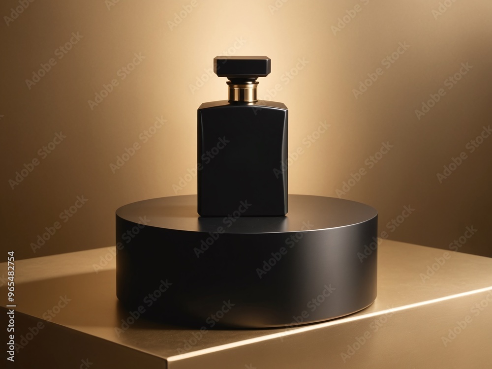 A matte black podium in a room illuminated by focused, golden lighting from above, casting soft shadows around a high-end perfume bottle, ideal for a sophisticated presentation A matte black podium in a room illuminated by focused, golden lighting from above, casting soft shadows around a high-end perfume bottle, ideal for a sophisticated presentation